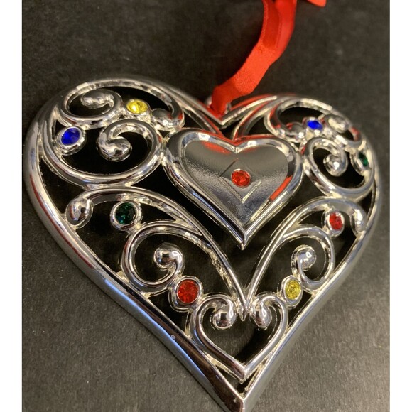Lenox Christmas Ornament Sparkle And Scroll Multi Crystal Heart Silverplate - Picture 2 of 5